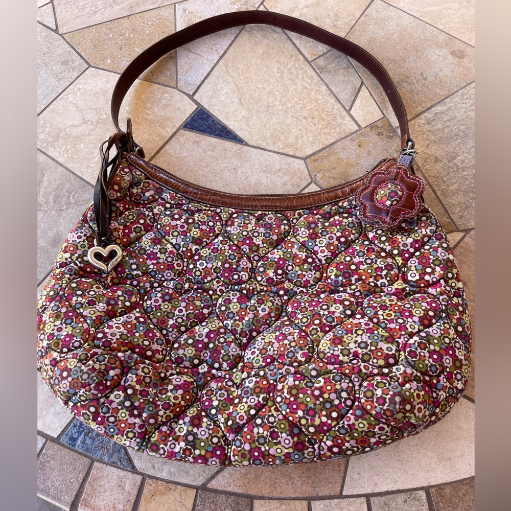 BRIGHTON Quilted Floral Fabric & Leather Trim Shoulder Bag